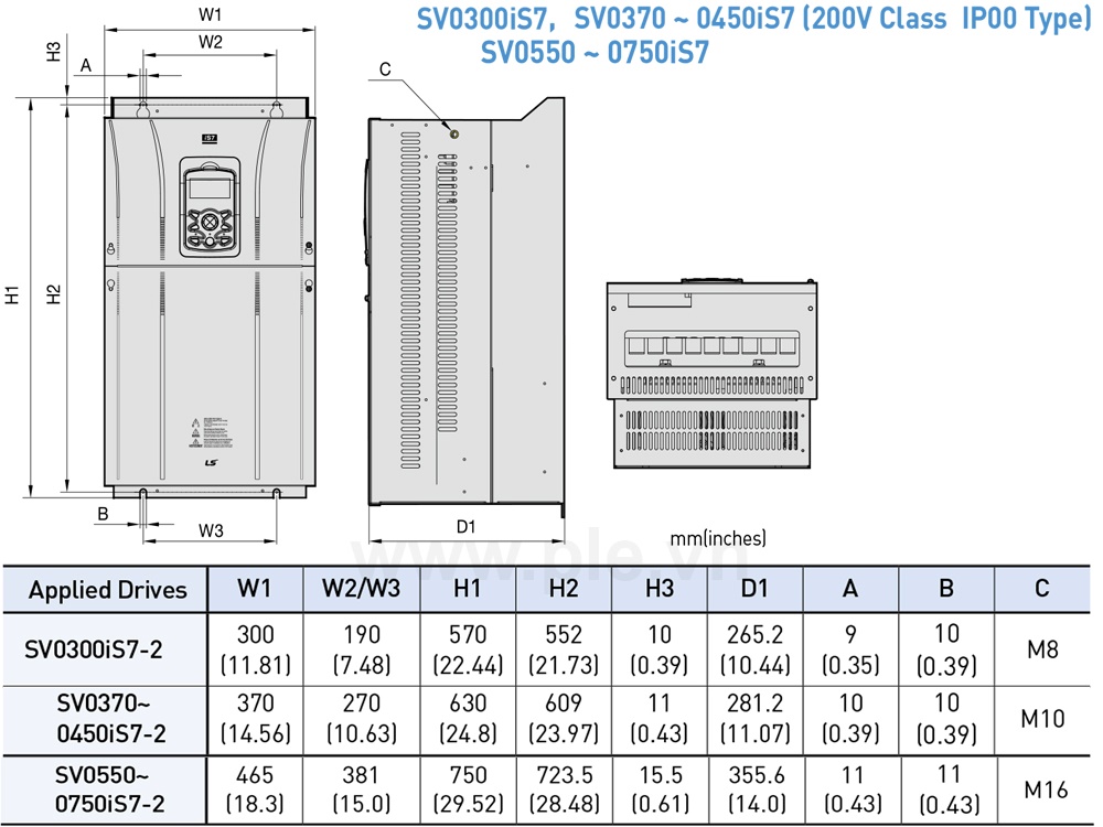 Kích thước LSis SV0450IS7-2SO - Biến tần 3P 45kW 180A/220A, 200V