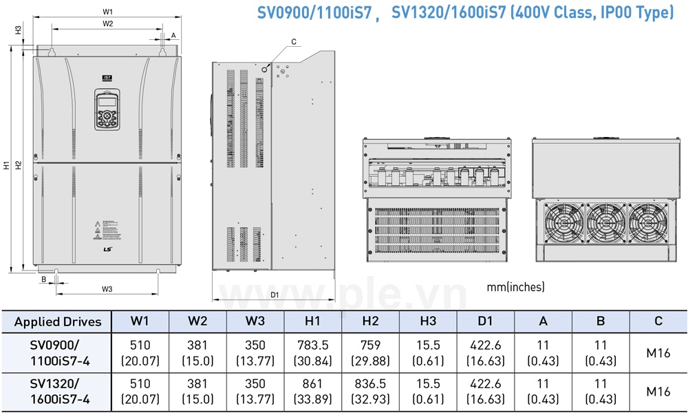 Kích thước LSis SV1100IS7-4SOD - Biến tần 3P 110kW 223A/264A, 400V