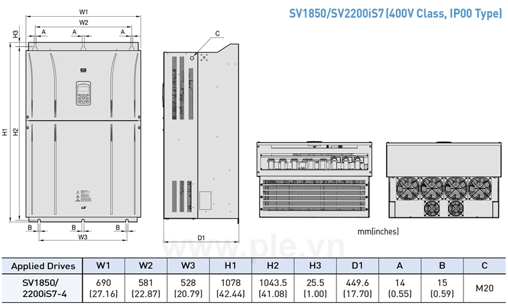 Kích thước LSis SV2200IS7-4SOD - Biến tần 3P 220kW 432A/547A, 400V