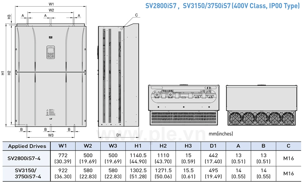 Kích thước LSis SV3150IS7-4SO - Biến tần 3P 315kW 613A/731A, 400V