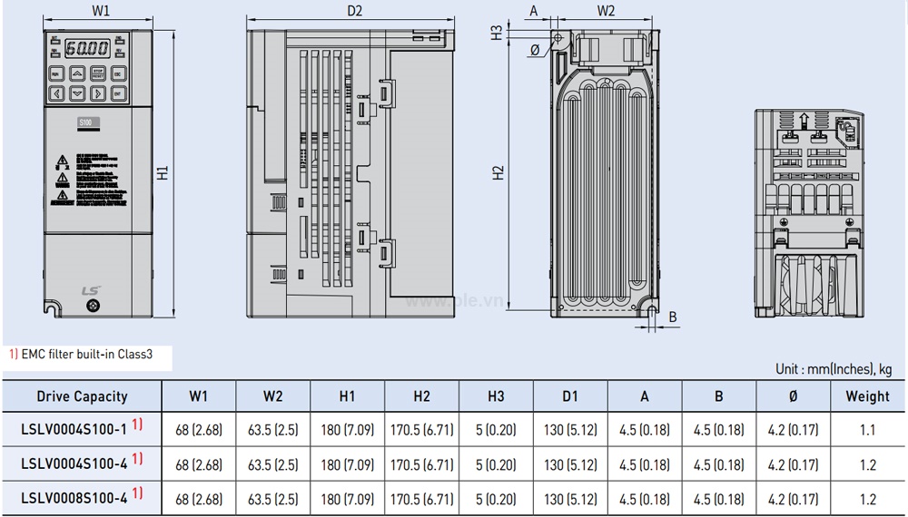 Kích thước LSis LSLV0008S100-4EONNS - Biến tần 3P 0.75/1.5kW  400V