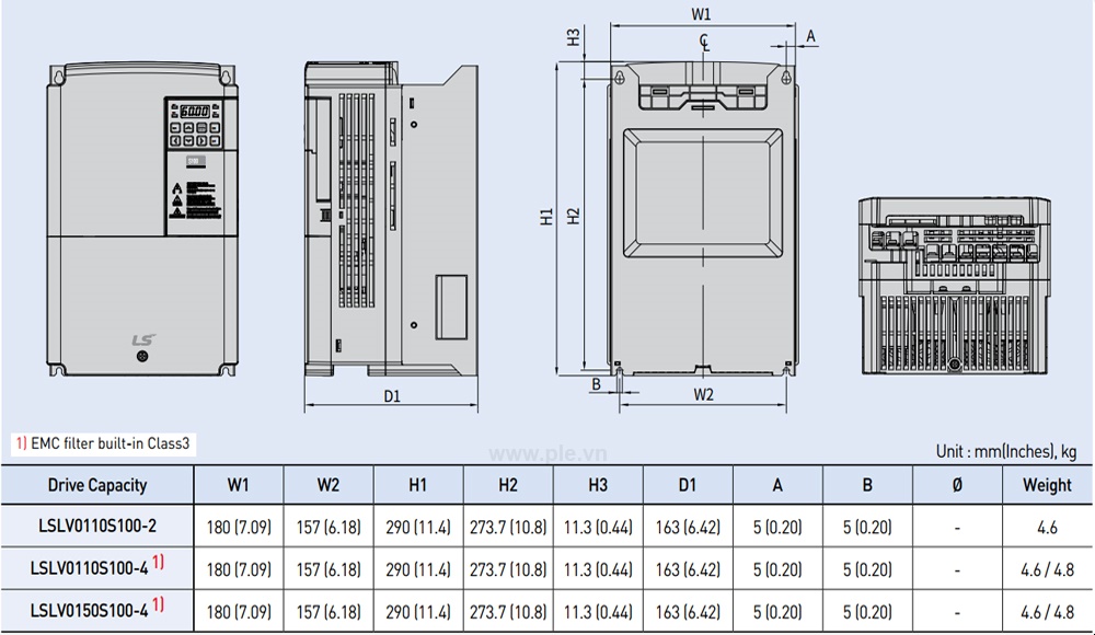 Kích thước LSis LSLV0150S100-4EOFNS - Biến tần 3P 15/18.5kW  400V