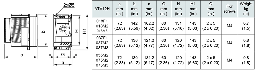 Kích thước Schneider ATV12H037M2 - Biến tần 1P 0.37kW  0.55HP 