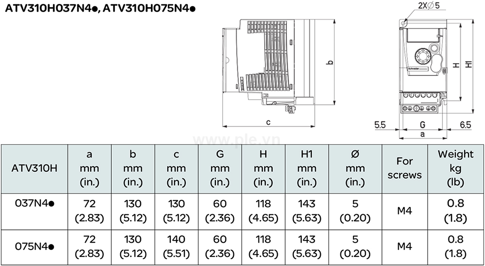 Kích thước Schneider ATV310H037N4E - Biến tần 3P 0.37kW  0.5HP