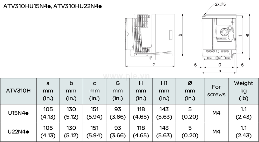 Kích thước Schneider ATV310HU15N4E - Biến tần 3P 1.5kW  2HP
