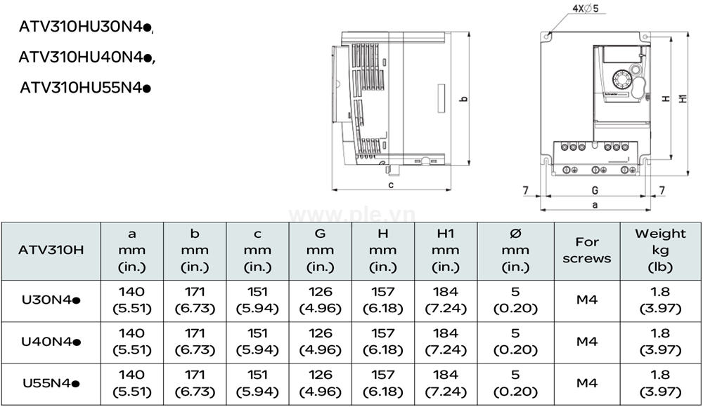 Kích thước Schneider ATV310HU40N4E - Biến tần 3P 4kW  5HP