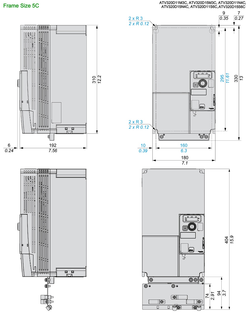 Kích thước Schneider ATV320D15S6C - Biến tần 3P 15kW  20HP