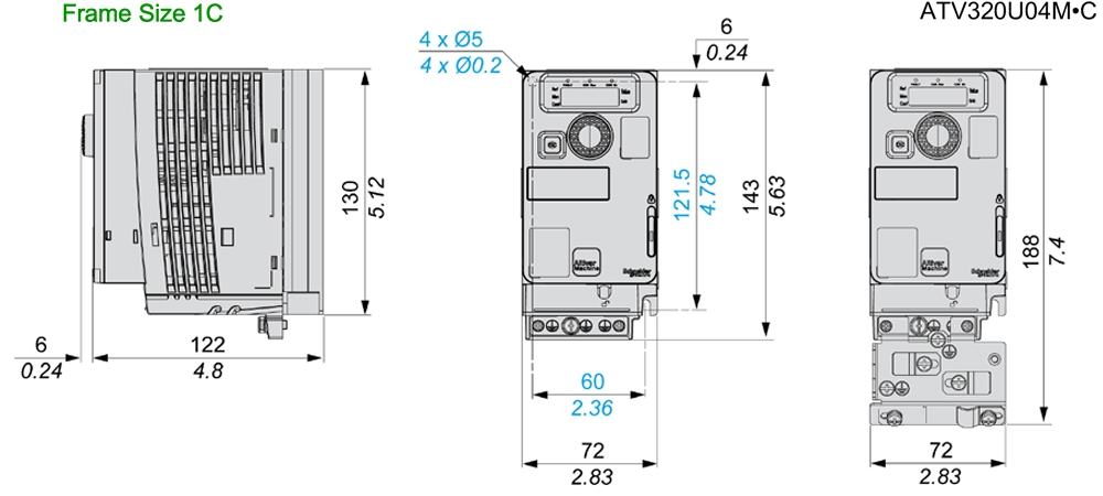 Kích thước Schneider ATV320U04M2C - Biến tần 1P 0.37kW  0.5HP