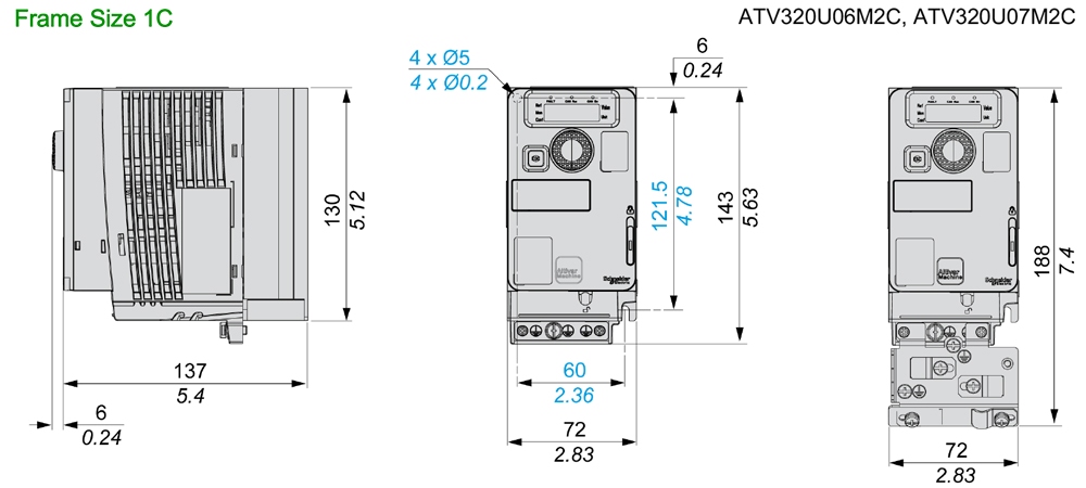 Kích thước Schneider ATV320U06M2C - Biến tần 1P 0.55kW  0.75HP