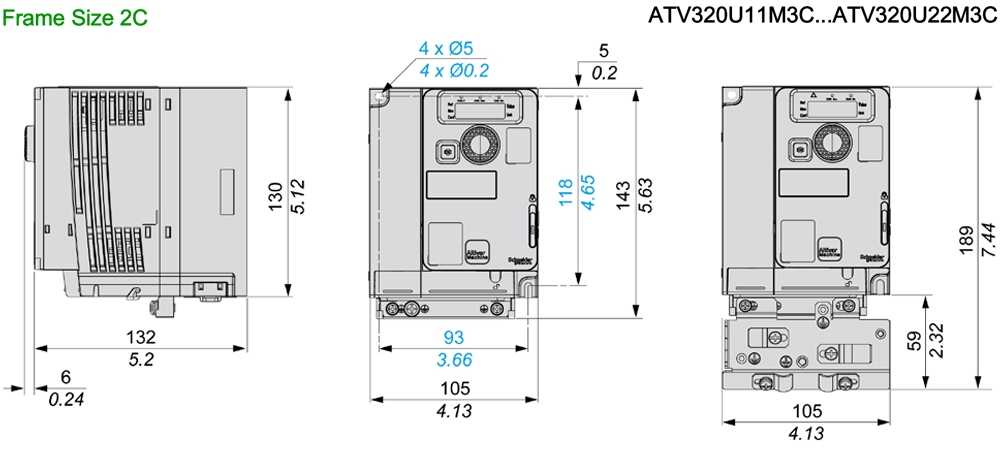 Kích thước Schneider ATV320U11M3C - Biến tần 3P 1.1kW  1.5HP