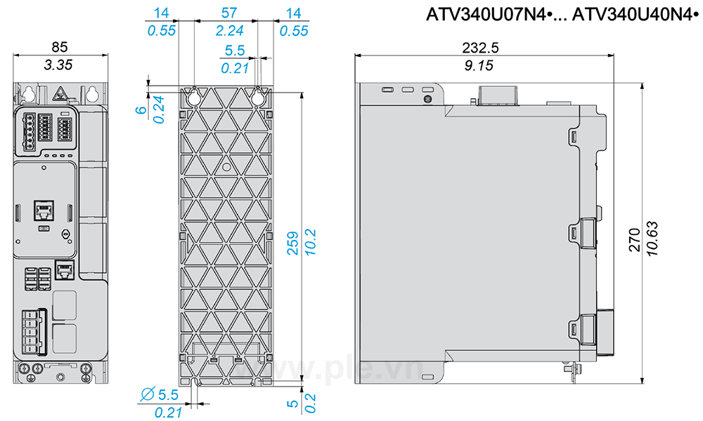 Kích thước Schneider ATV340U40N4 - Biến tần 3P 5.5kW (7HP)