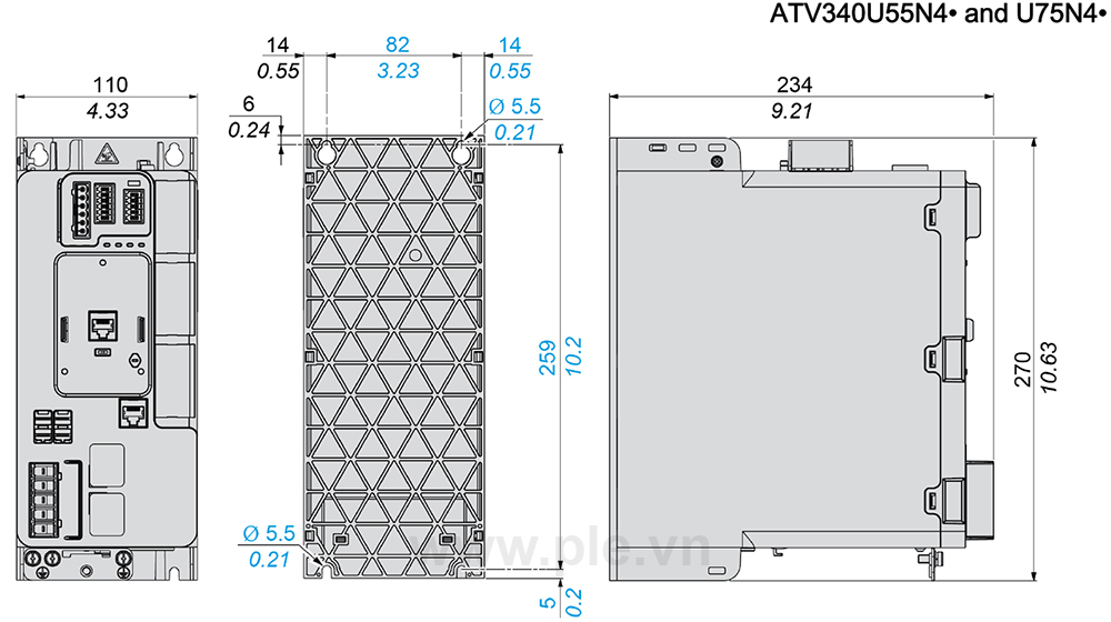 Kích thước Schneider ATV340U55N4 - Biến tần 3P 7.5kW (10HP)