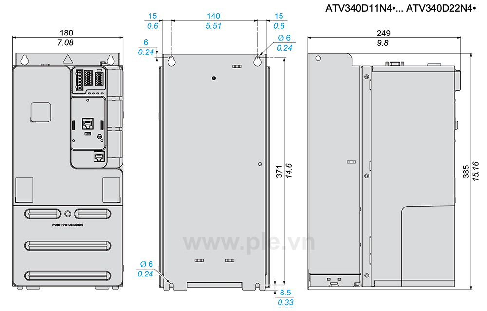 Kích thước Schneider ATV340D11N4 - Biến tần 3P 15kW (20HP)