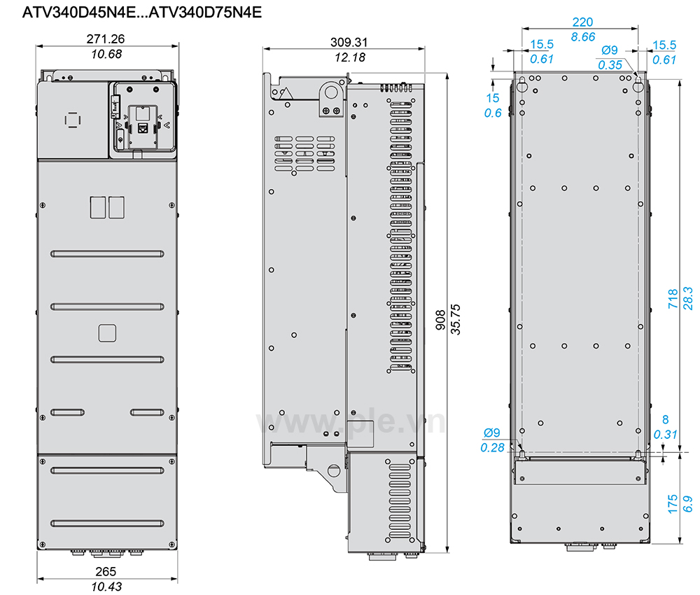 Kích thước Schneider ATV340D45N4E - Biến tần 3P 55kW (75HP)