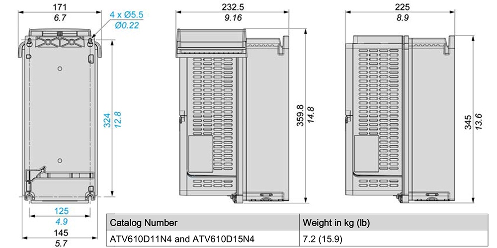 Kích thước Schneider ATV610D11N4 - Biến tần 3P 11kW (15HP)