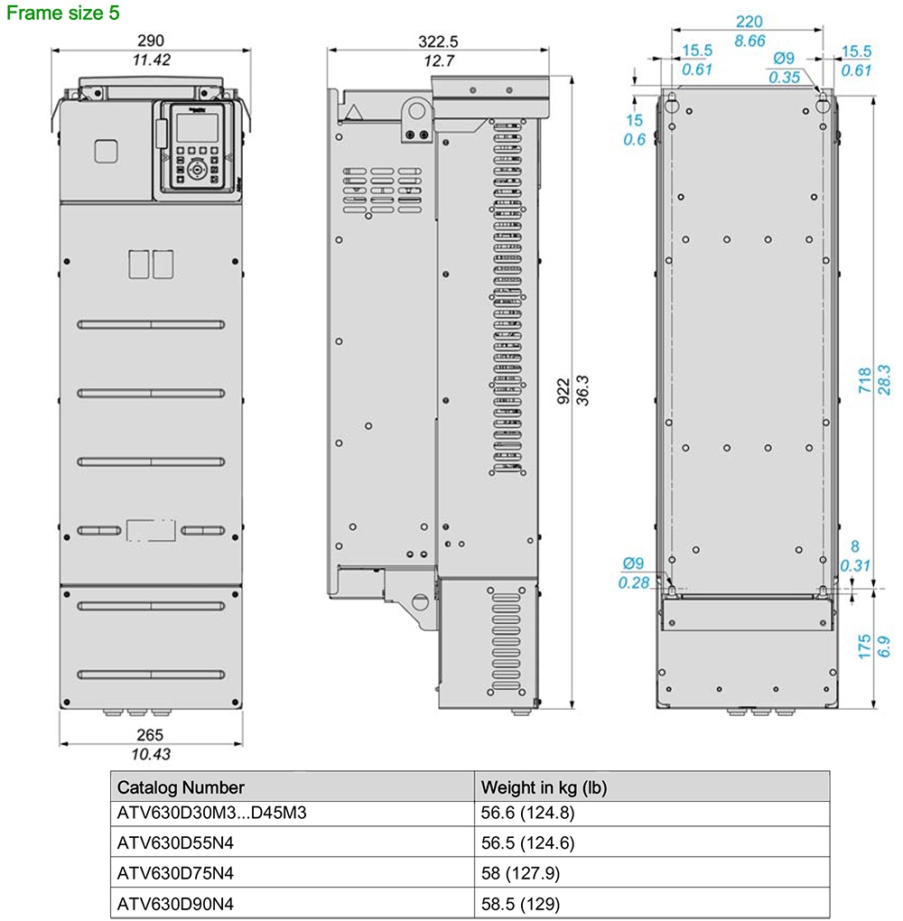 Kích thước Schneider ATV630D90N4 - Biến tần 3P 90kW (125HP)