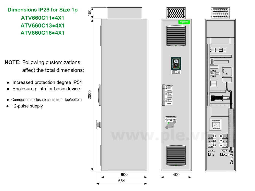 Kích thước Schneider ATV660C16Q4X1 - Biến tần 3P 160kW (215HP)