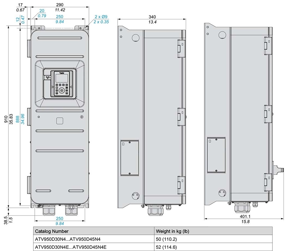 Kích thước Schneider ATV950D30N4E - Biến tần 3P 30kW (40HP)