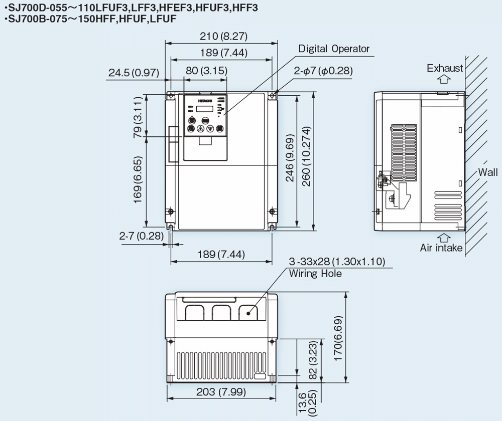 Kích thước Biến tần Hitachi SJ700D-055HFEF3 5.5 kW 7.5 HP