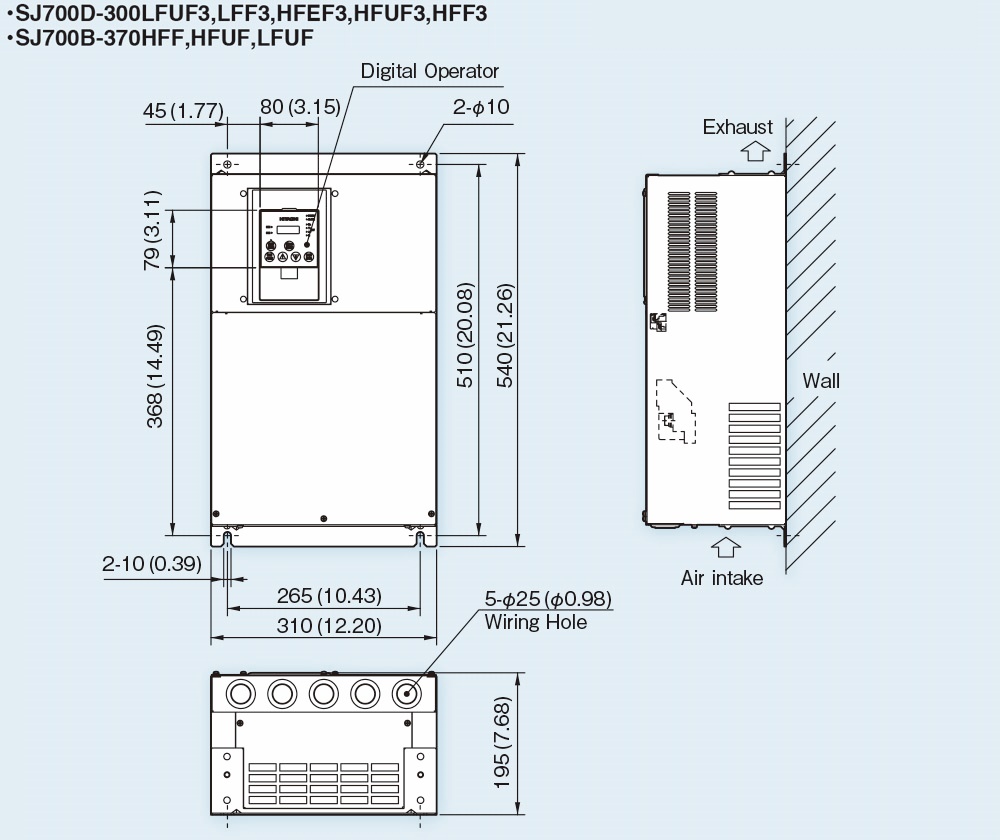 Kích thước Biến tần Hitachi SJ700D-300HFEF3 30 kW 40 HP