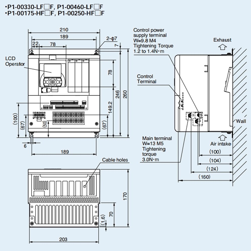 Kích thước Biến tần Hitachi P1-00460LFUF 7.5 kW 10 HP