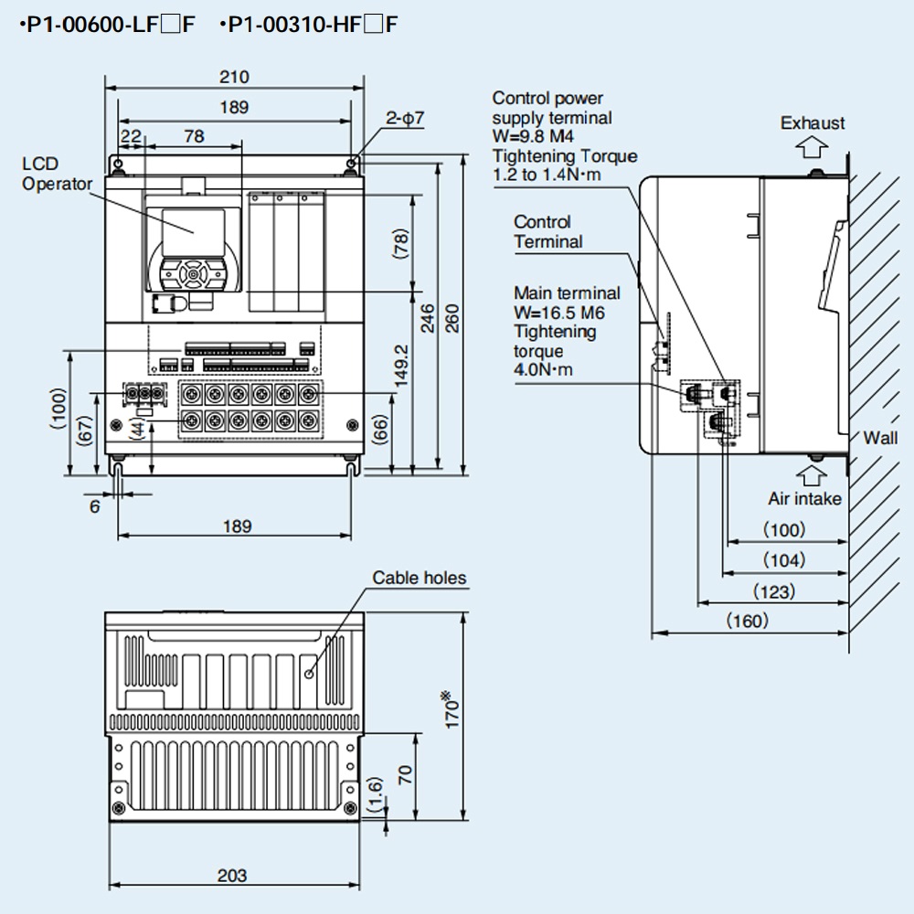 Kích thước Biến tần Hitachi P1-00600LFUF 11 kW 15 HP