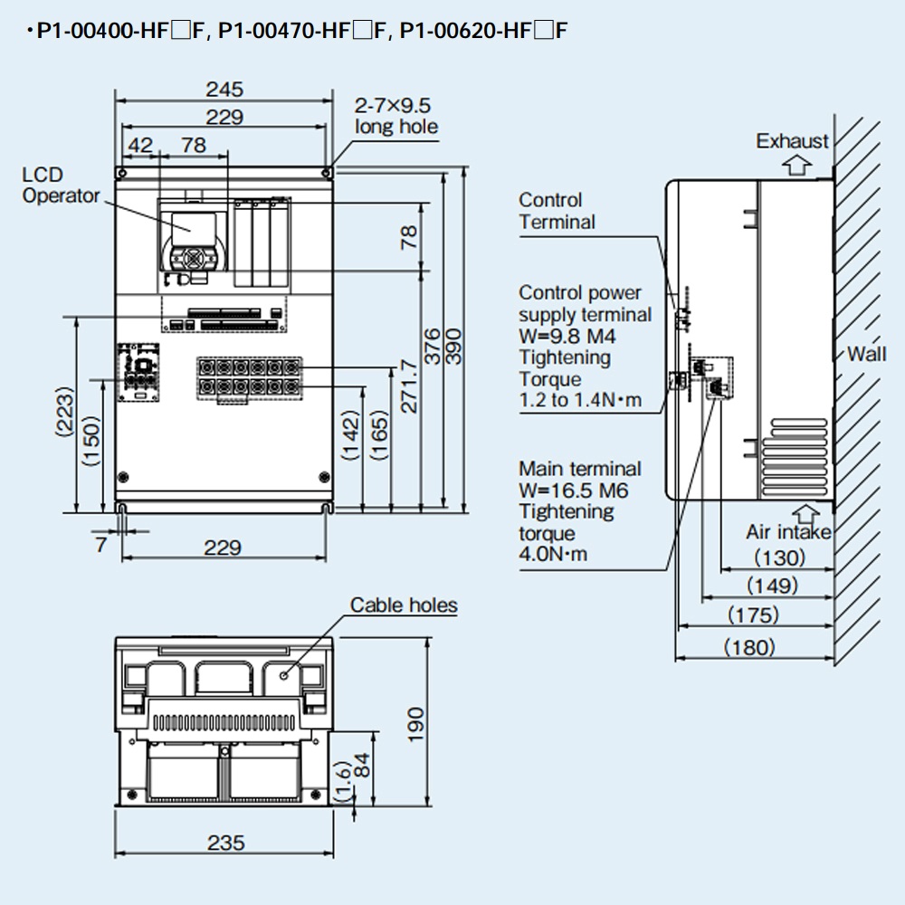 Kích thước Biến tần Hitachi P1-00620HFEF 22 kW 30 HP