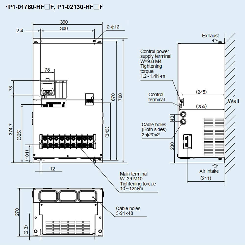 Kích thước Biến tần Hitachi P1-01760HFEF 75 kW 100 HP