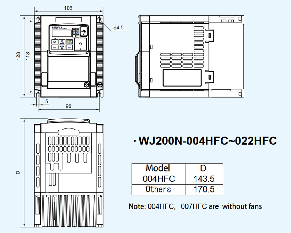 Kích thước Biến tần Hitachi WJ200N-007SFC 0.75 kW 1 HP