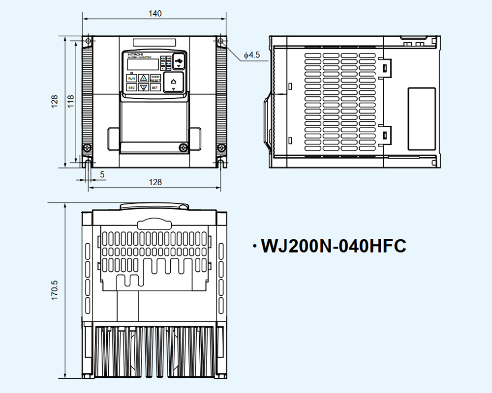 Kích thước Biến tần Hitachi WJ200N-040HFC 4 kW 5 HP