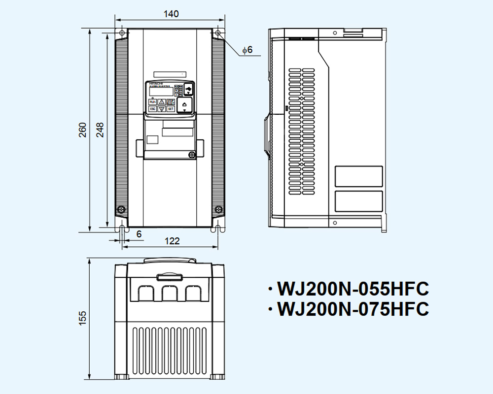 Kích thước Biến tần Hitachi WJ200N-055HFC 5.5 kW 7.5 HP