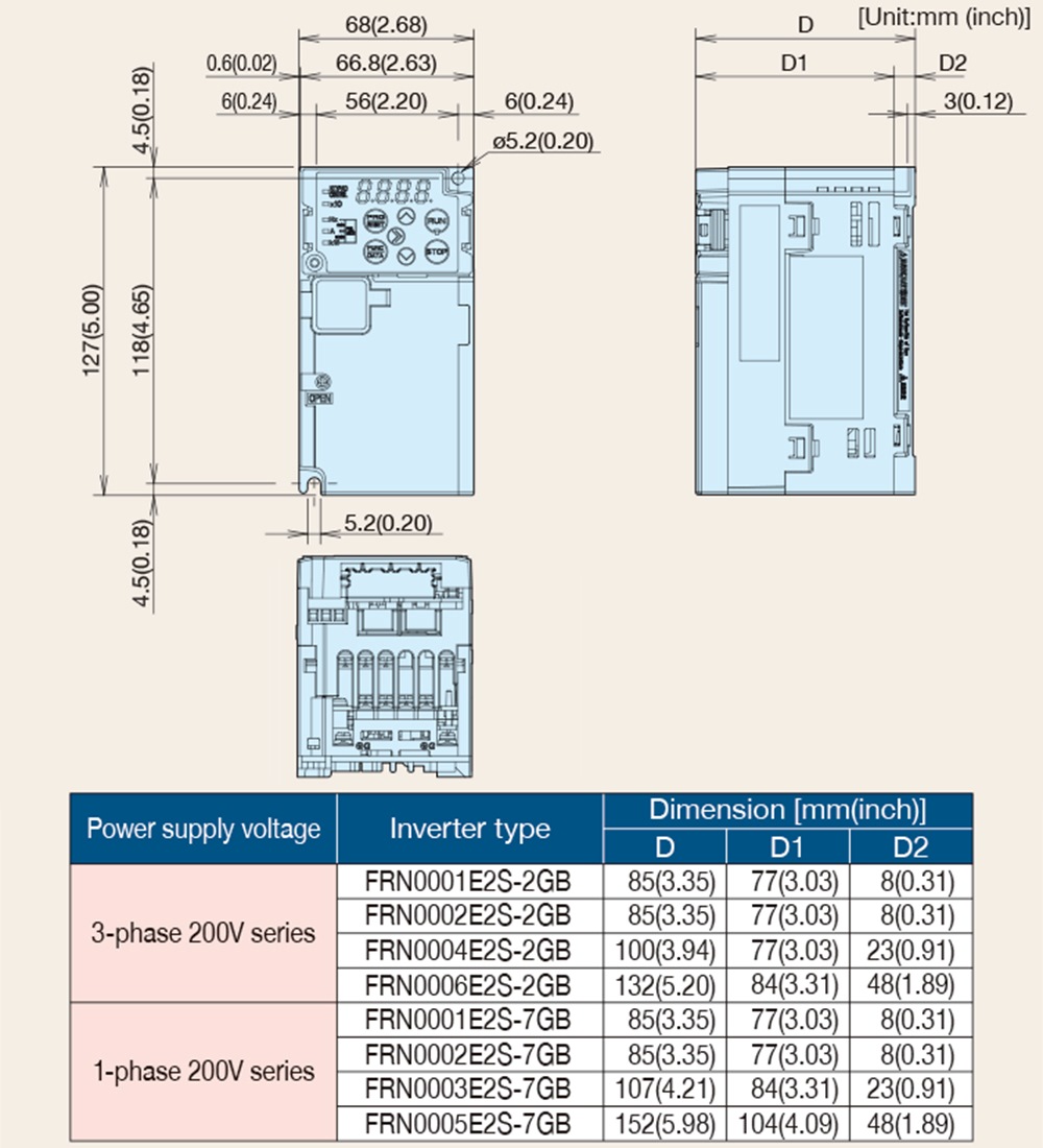 Kích thước Biến tần Fuji Frenic-Ace FRN0003E2S-7GB 0.75kW 1HP
