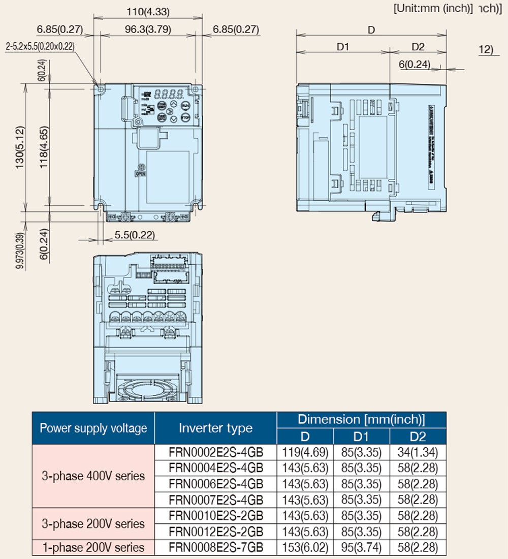 Kích thước Biến tần Fuji Frenic-Ace FRN0006E2S-4GB 2.2 kW 3HP