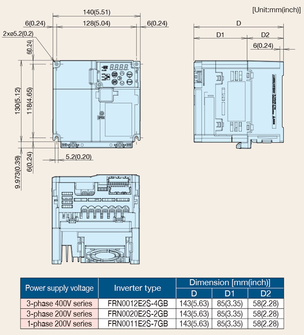 Kích thước Biến tần Fuji Frenic-Ace FRN0020E2S-2GB 5.5kW 7.5HP