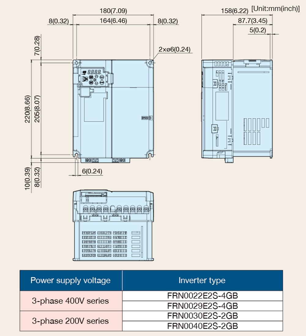 Kích thước Biến tần Fuji Frenic-Ace FRN0029E2S-4GB 15kW 20HP