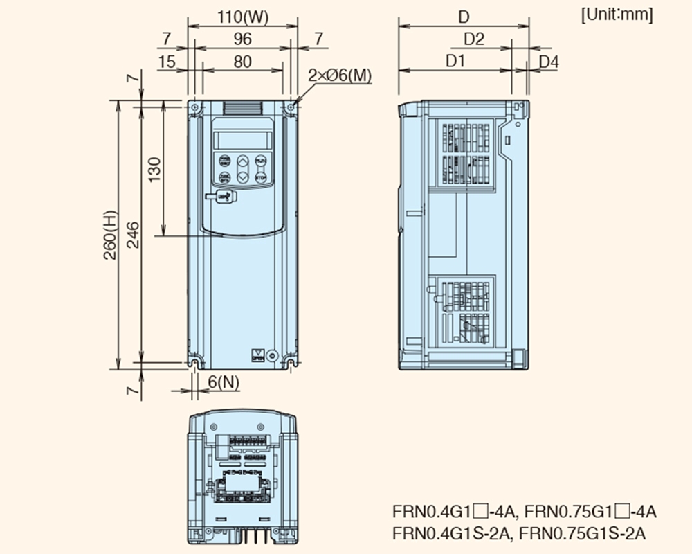 Kích thước Biến tần Fuji Frenic-Mega FRN0.4G1S-2A 0.4kW 0.5HP