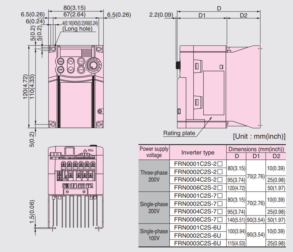 Kích thước Biến tần Fuji Frenic-Mini FRN0004C2S-7A  0.4kW 0.5HP