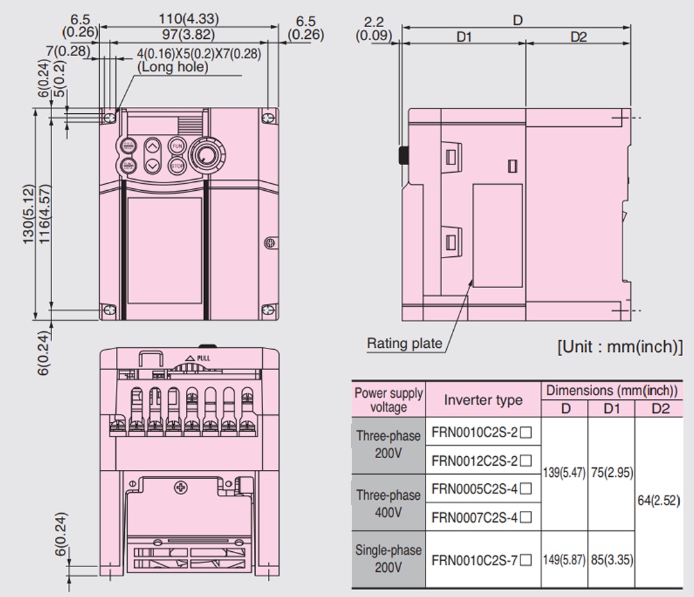 Kích thước Biến tần Fuji Frenic-Mini FRN0007C2S-4A  2.2kW 3HP