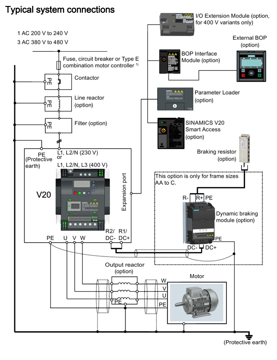 Kết nối thiết bị của Biến tần Siemens Sinamics V20 6SL3210-5BB12-5UV1 0.25kW (0.3HP)