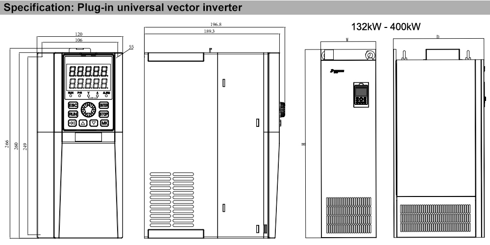 Kích thước Biến tần DIRISE DRS-ES160-3T-0R7G/1R5P