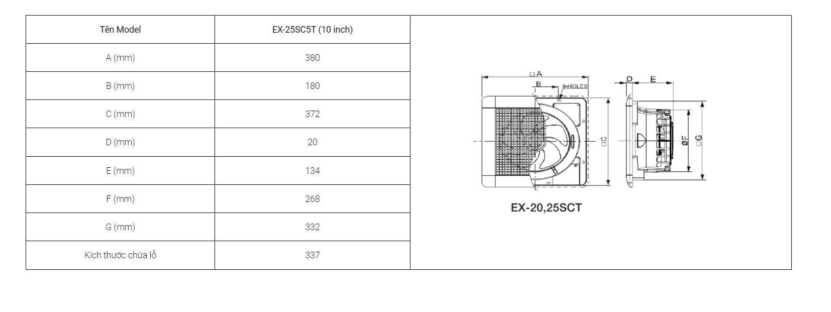 Kích thước Quạt thông gió âm trần không nối ống gió EX-15SCT