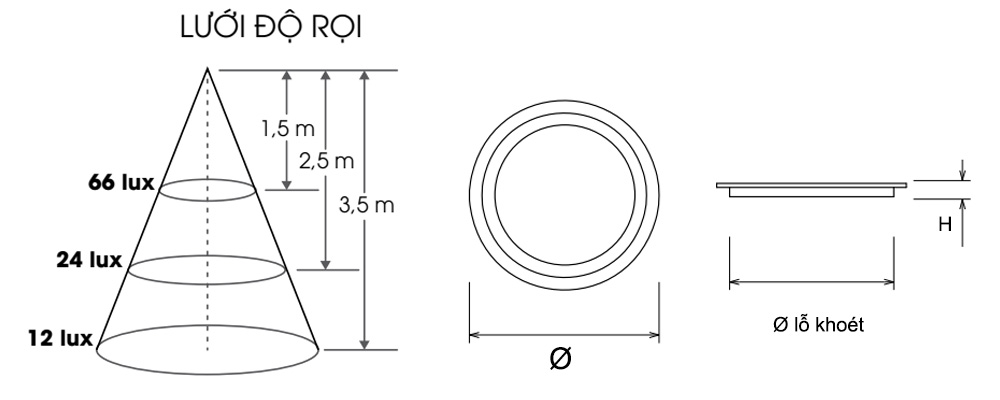 Kích thước Rạng Đông AT20 ĐM 90/10W : Đèn Led Downlight âm trần 10W