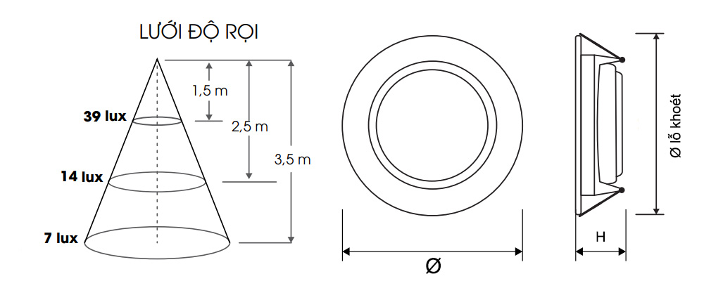 Kích thước Rạng Đông AT06 90/5W : Đèn Led Downlight âm trần 5W