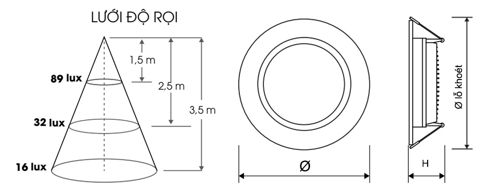 Kích thước Rạng Đông AT10 90/7W (Viền bạc) : Đèn Led Downlight âm trần 7W