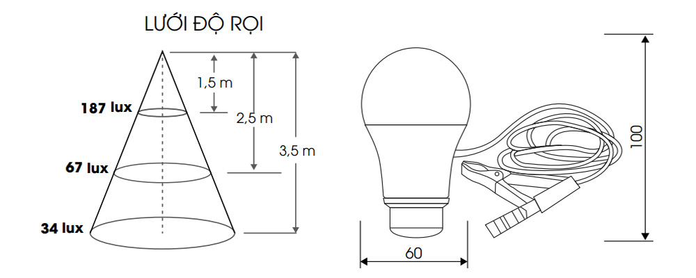 Kích thước Rạng Đông A60N1/9W.DCV2 : Bóng đèn Led Bulb 9W