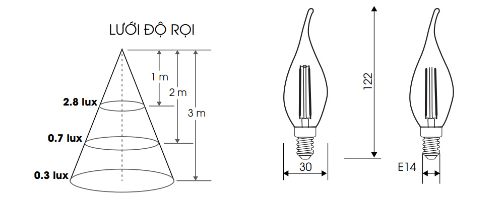 Kích thước Rạng Đông LED N/2.5W : Bóng đèn Led Bulb dây tóc 2.5W