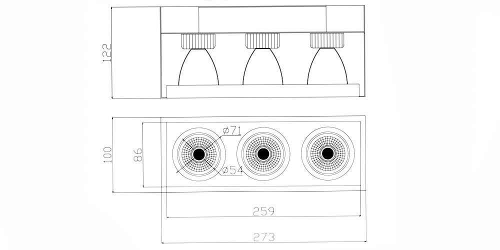 Kích thướcDuhal DFB3101 : Đèn Led Downlight gắn nổi chiếu sâu  3x10W