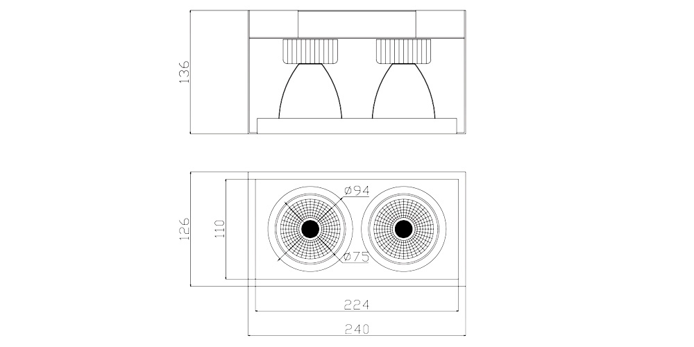 Kích thướcDuhal DFB2151 : Đèn Led Downlight gắn nổi chiếu sâu  2x15W