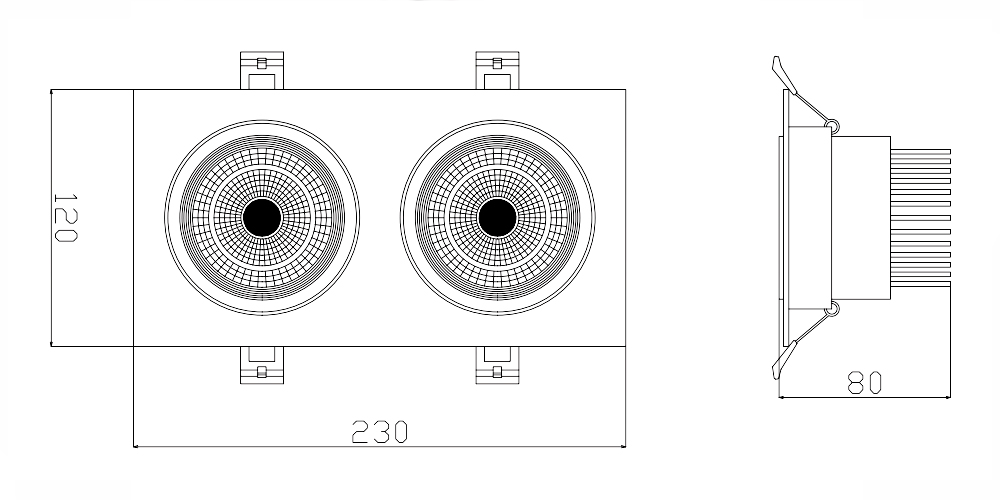 Kích thướcDuhal DFC2051 : Đèn Led Downlight vuông, chiếu điểm  2x5W