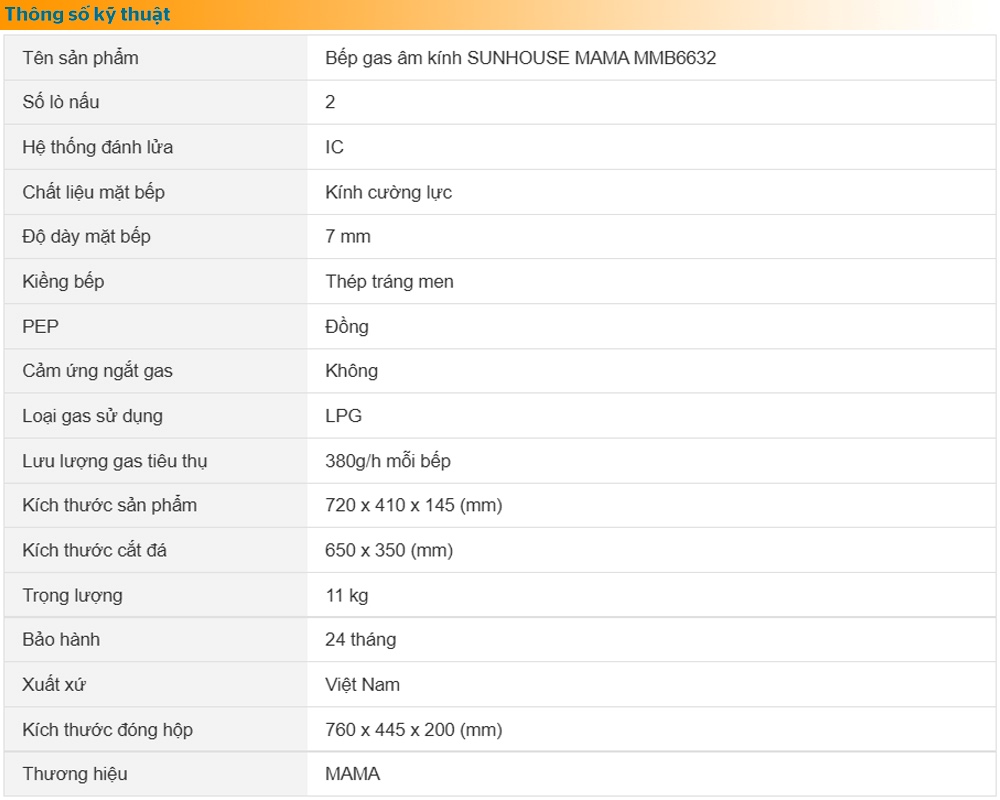 Kích thước Bếp gas âm SUNHOUSE MMB6632